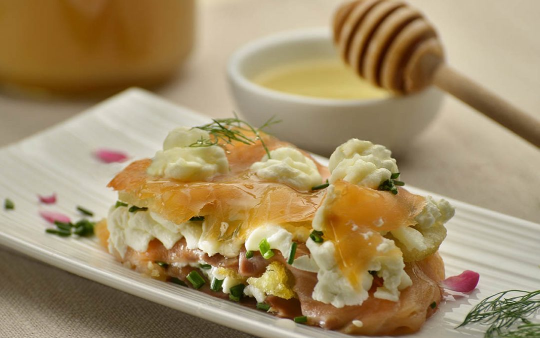 Smoked salmon mille-feuille with acacia honey