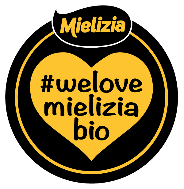 Badge 'We Love Mielizia Bio' con cuore e api stilizzate