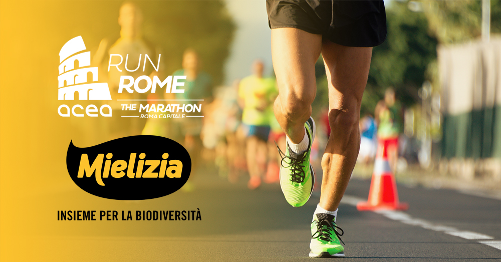 Logo Mielizia con api e partecipanti alla Acea Run Rome Marathon 2024