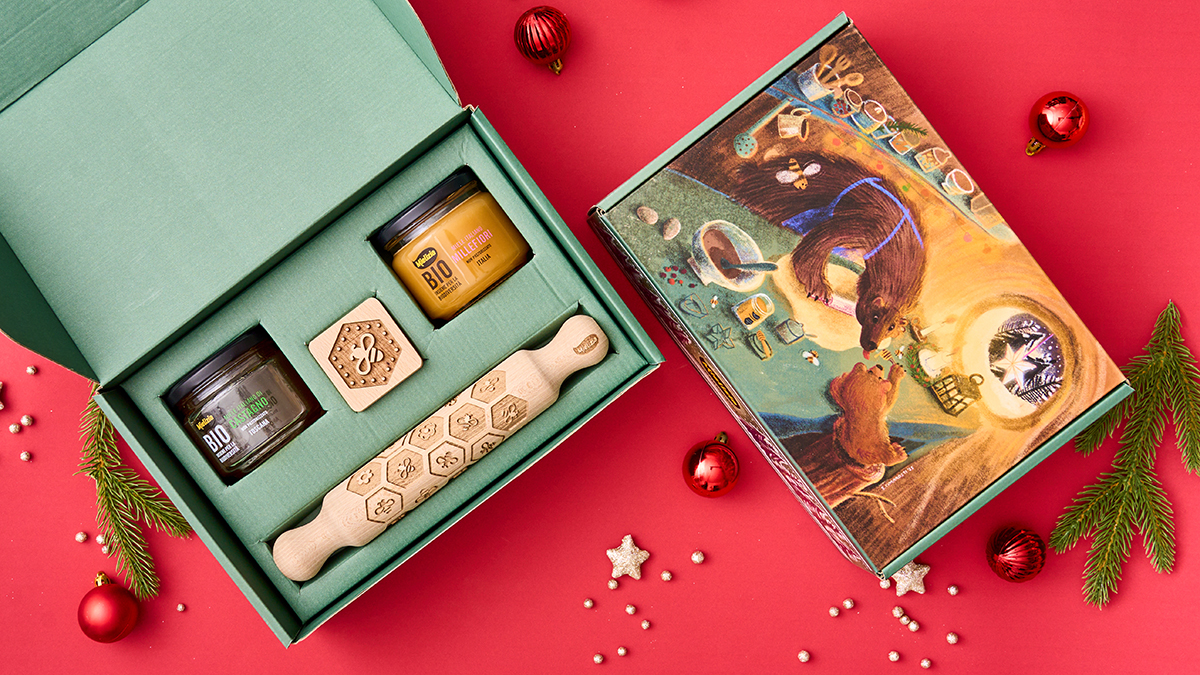 mielizia - Cofanetto di Natale - Idea regalo con mieli biologici e gadget Mielizia mattarello timbro biscotti