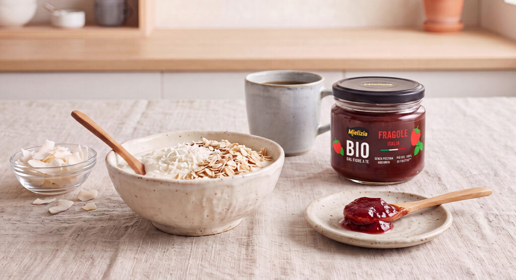 colazione - fiocchi di avena - skyr o yogurt greco senza zuccheri aggiunti, composta di fragole bio Mielizia- cocco rapè