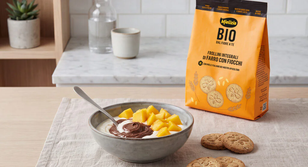 colazione - yogurt a base di soia senza zuccheri aggiunti, mango o altra frutta fresca di stagione, pasta di nocciole 100%, frollini bio integrali con fiocchi Mielizia